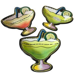 Set of 3 Clay Art Hand-Painted Margarita Glass Shaped Dipping Salsa Bowls Party‎